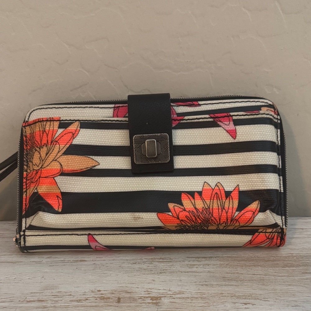 Sakroots Black & White Striped Floral Wristlet Wallet with Orange Flowers